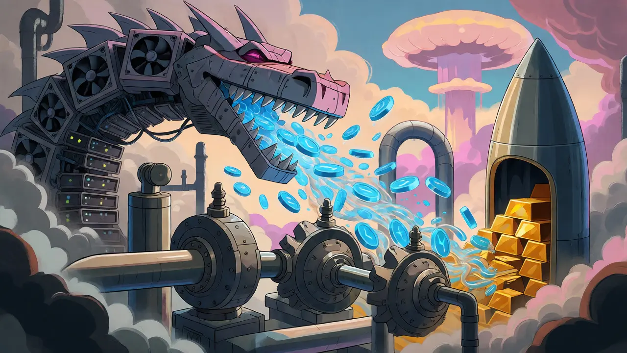 Mechanical dragon breathing crypto tokens into a missile-shaped vault