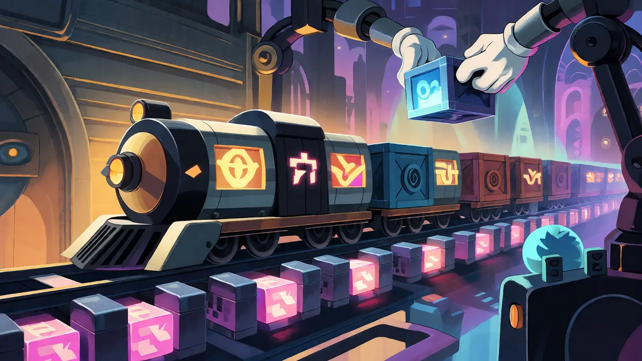 Retro-futuristic train transporting content blocks on a glowing blockchain track
