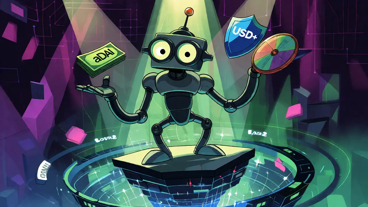 Robot character juggling financial assets above a digital network vortex.