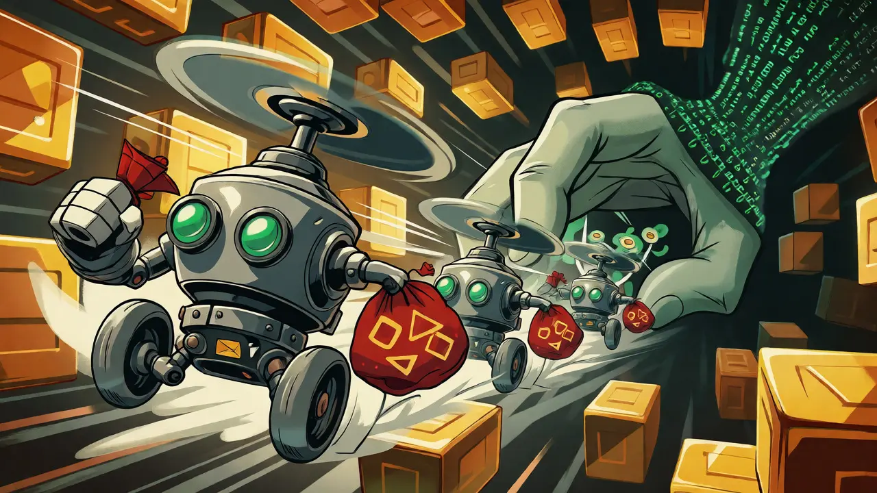 Robotic bots racing through blockchain tunnels in a competition