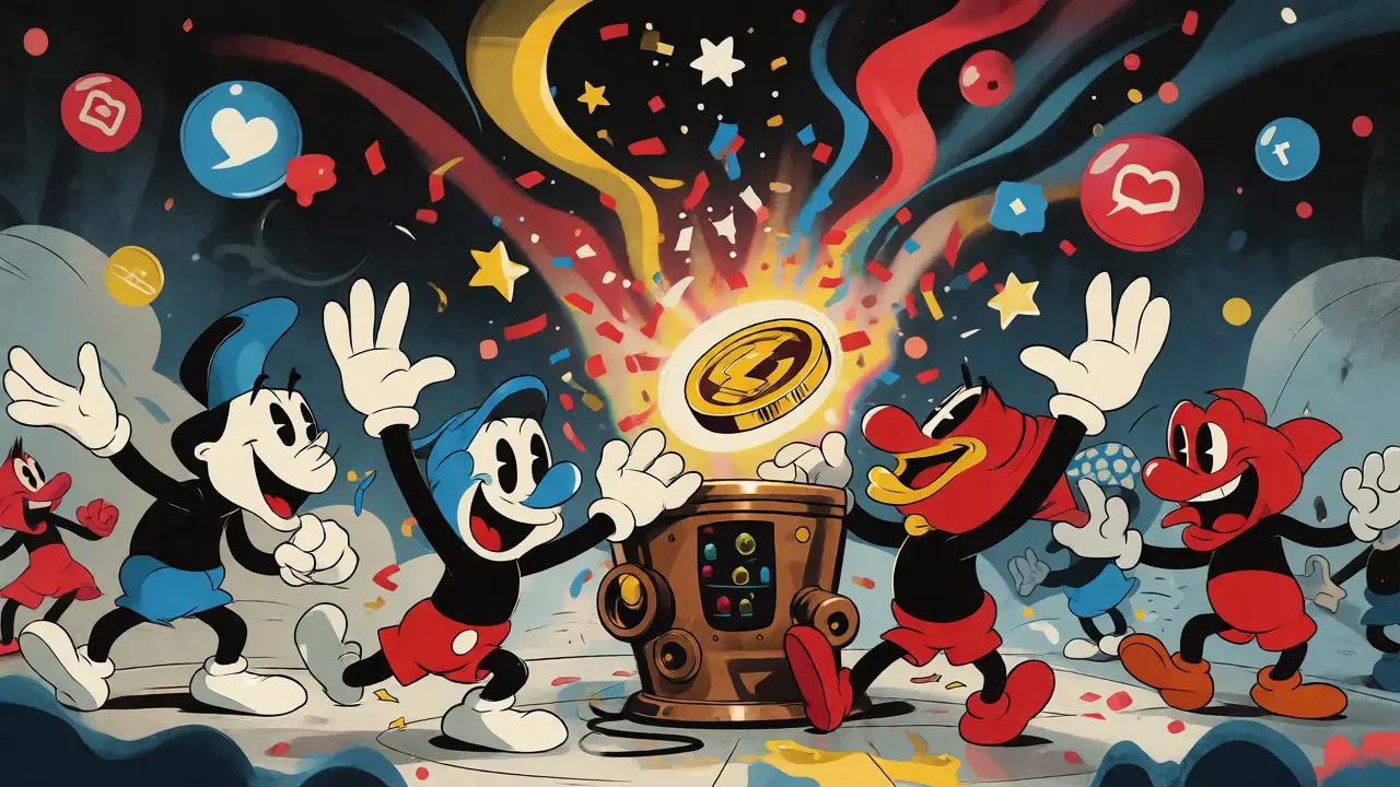 Rubber-hose characters generating memes with a machine around a glowing token in retro cartoon style.