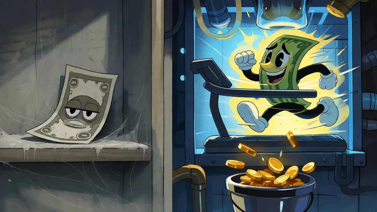 Split screen comparing a static dollar bill with an energetic one generating yield.