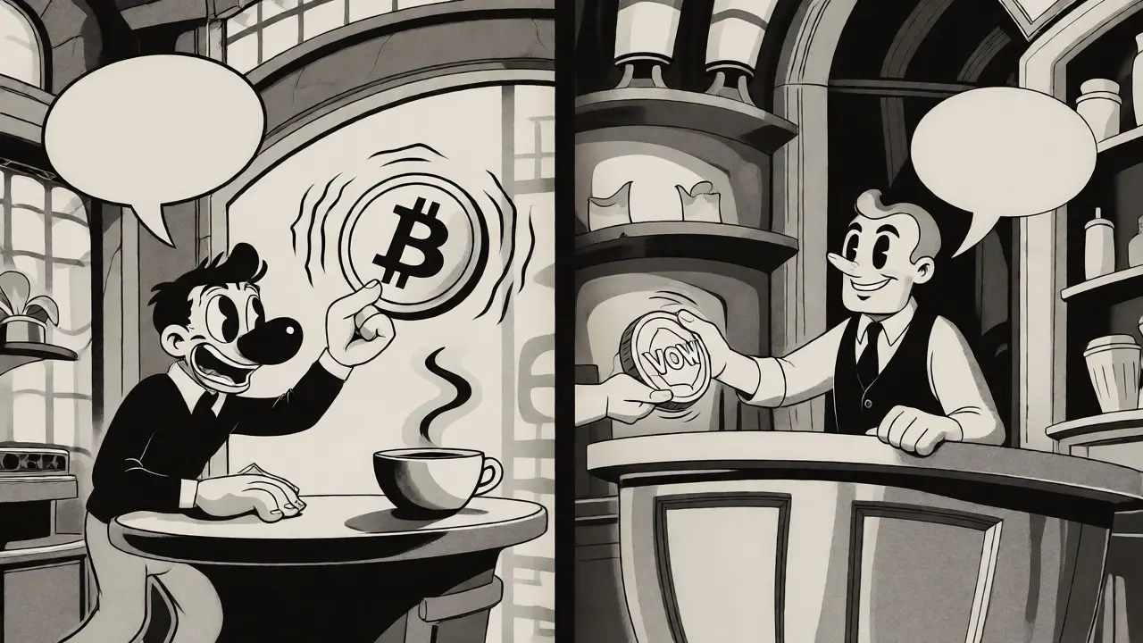 Split screen showing volatile crypto payment versus stable VOW transaction.