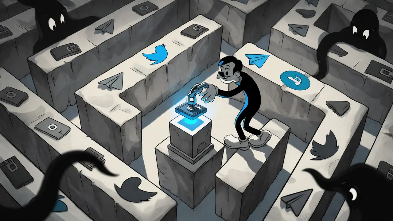 Stylized character navigating a maze of social icons to claim a reward.