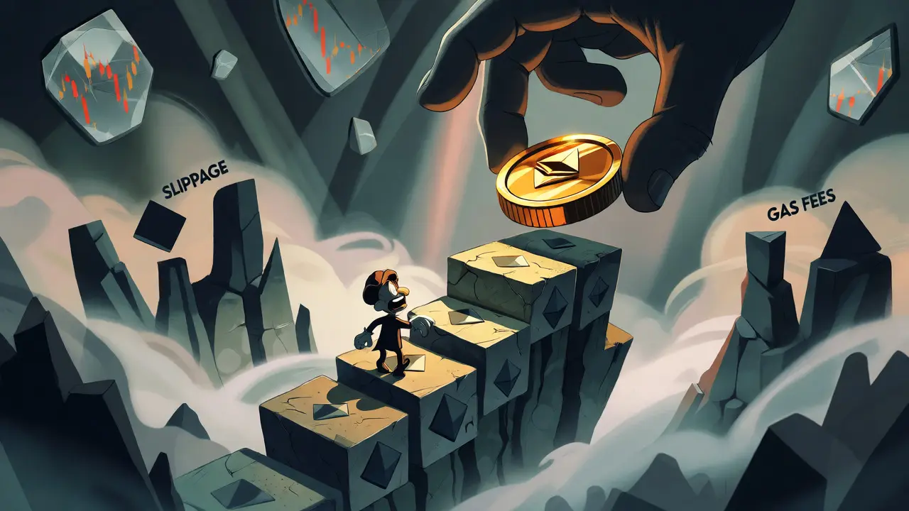 Surreal cartoon of an investor navigating a cracked path under a giant golden token.