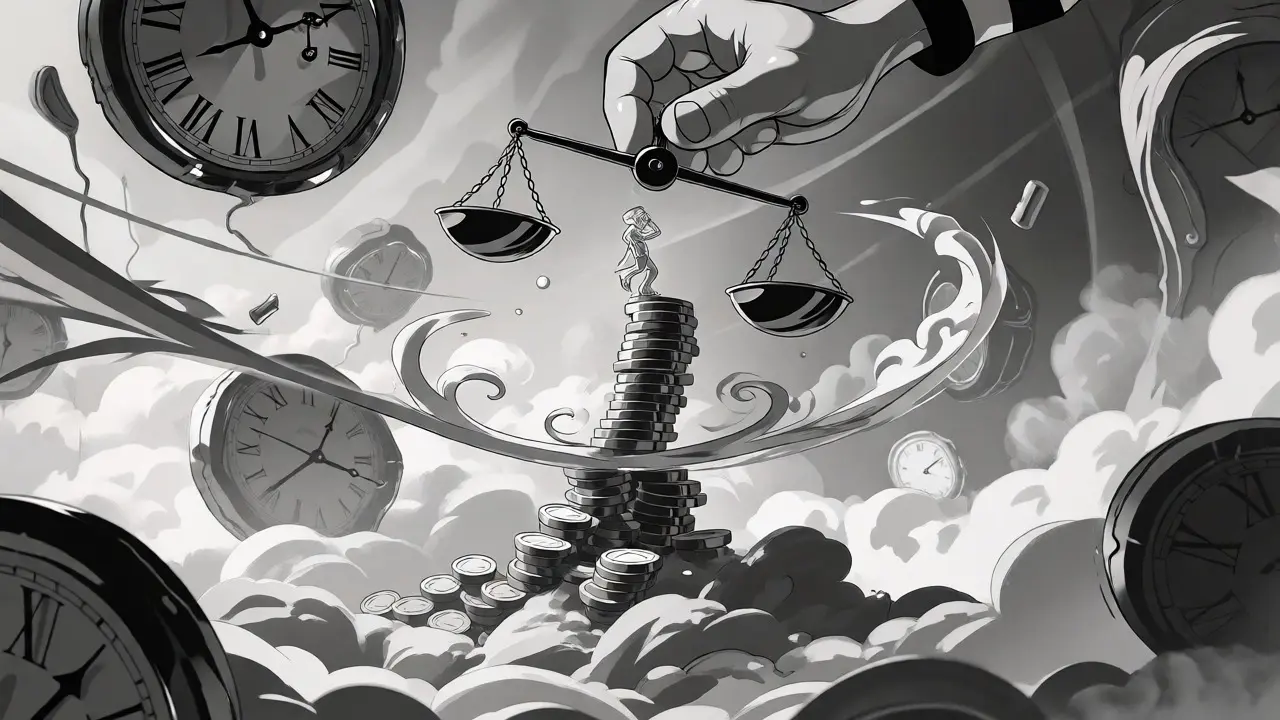 Surreal illustration of a tiny figure balancing on a swaying tower of coins under a giant scale.