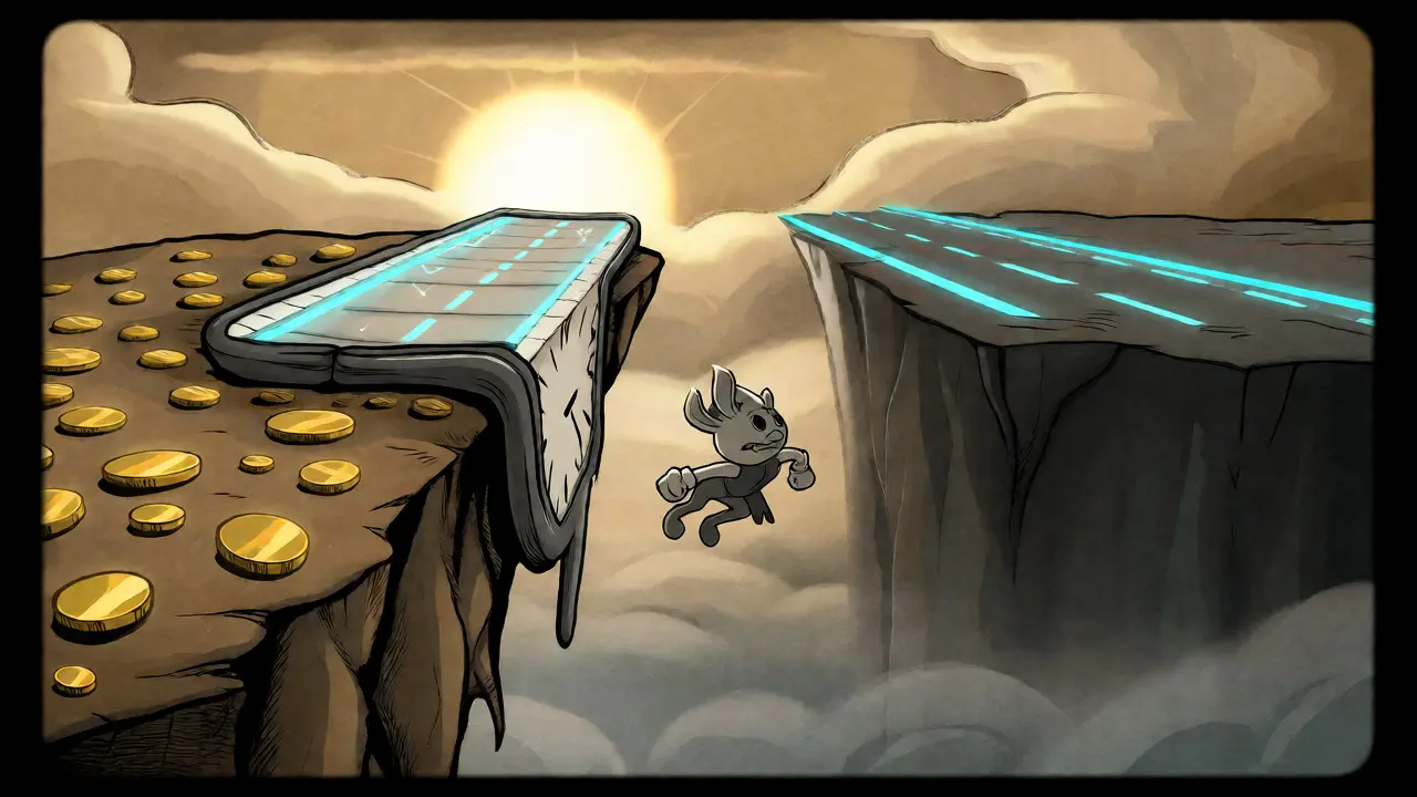 Surreal split scene showing future highway vs dark abyss with falling mascot.