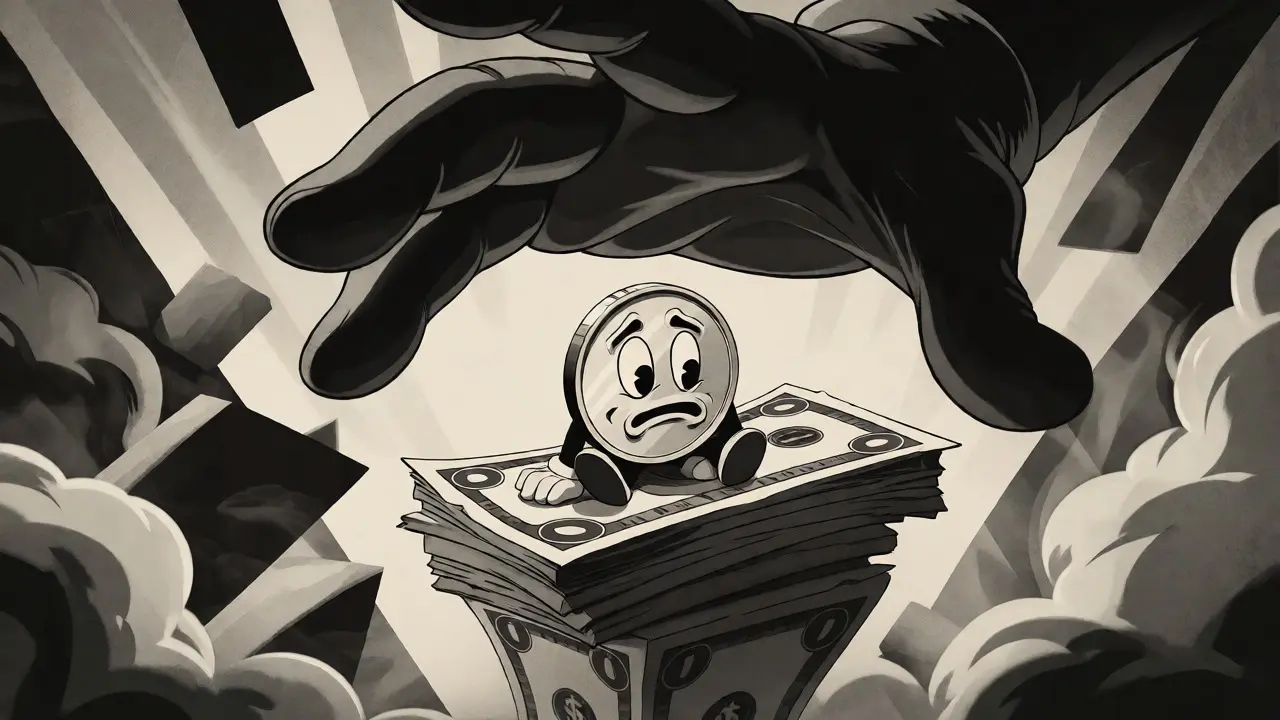 Tiny nervous coin on fragile money stack under a looming shadow in vintage animation style.