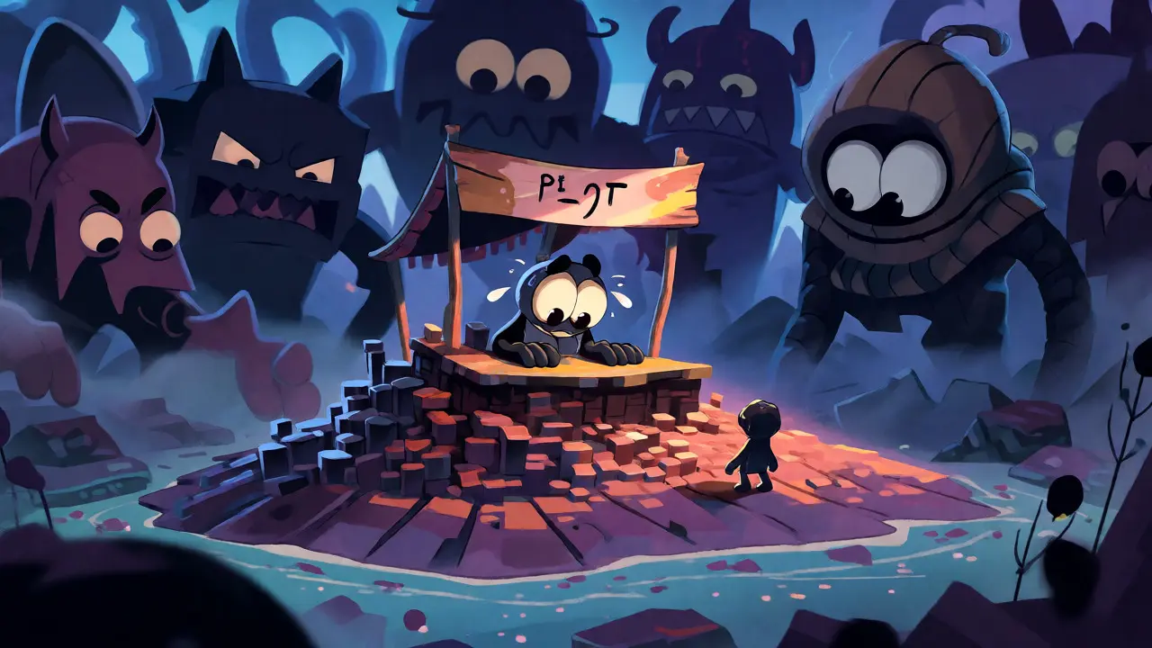 Tiny vendor on pixel island surrounded by giant crypto monster shadows.