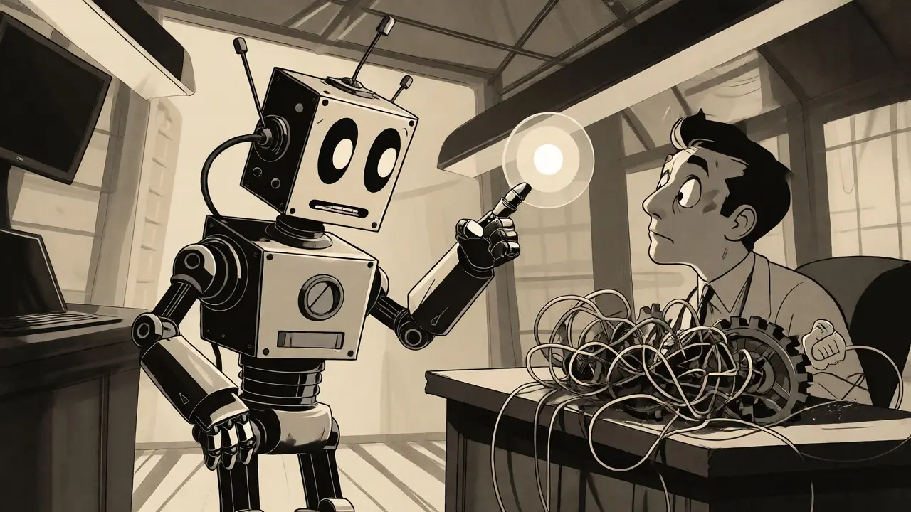 Vintage cartoon robot showing an AI orb to a confused trader amidst tangled mechanical wires.