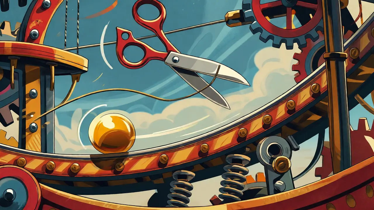 Whimsical machine with scissors cutting a string as a golden ball rolls up a track.