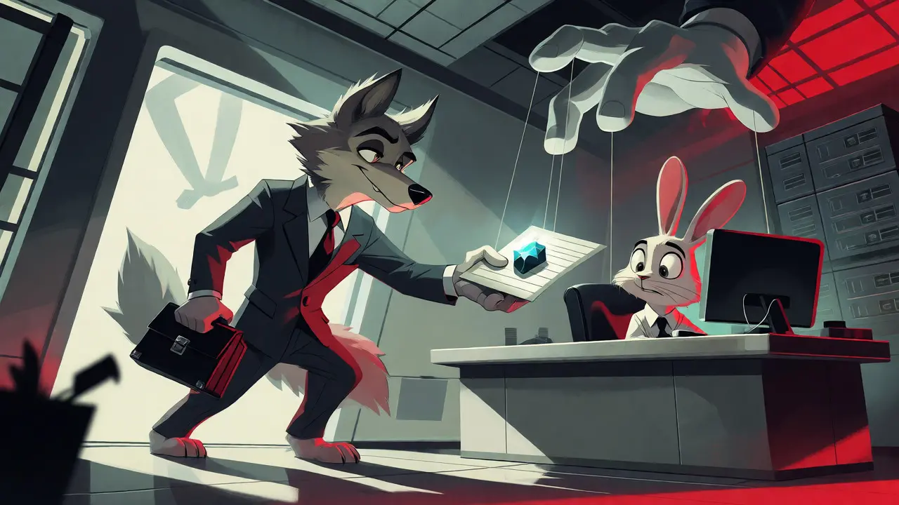 Wolf in suit offering a trap to a rabbit employee in an office