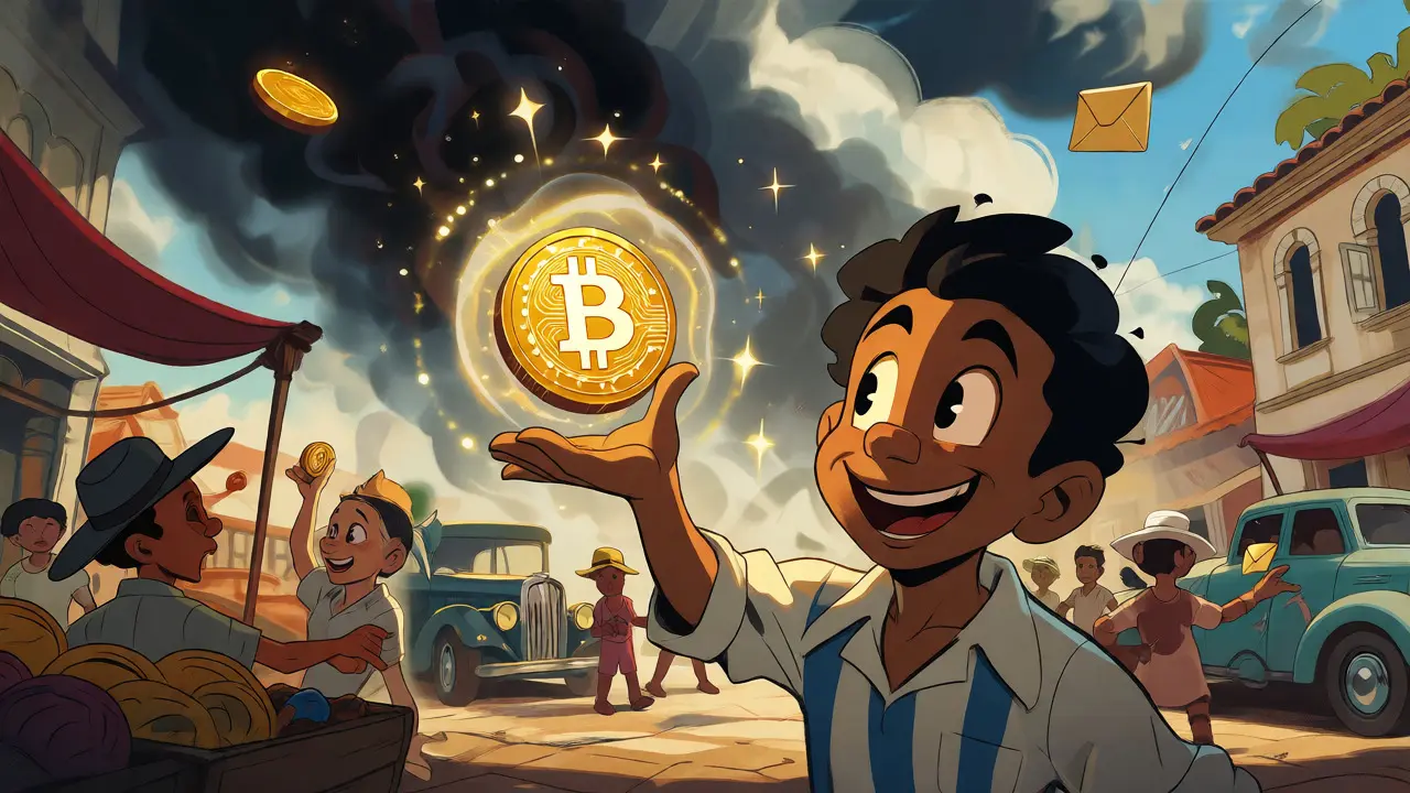 Young Cuban holding a glowing digital coin amidst market chaos